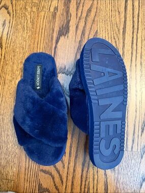 Kids Navy Faux-Fur Slide Sandals